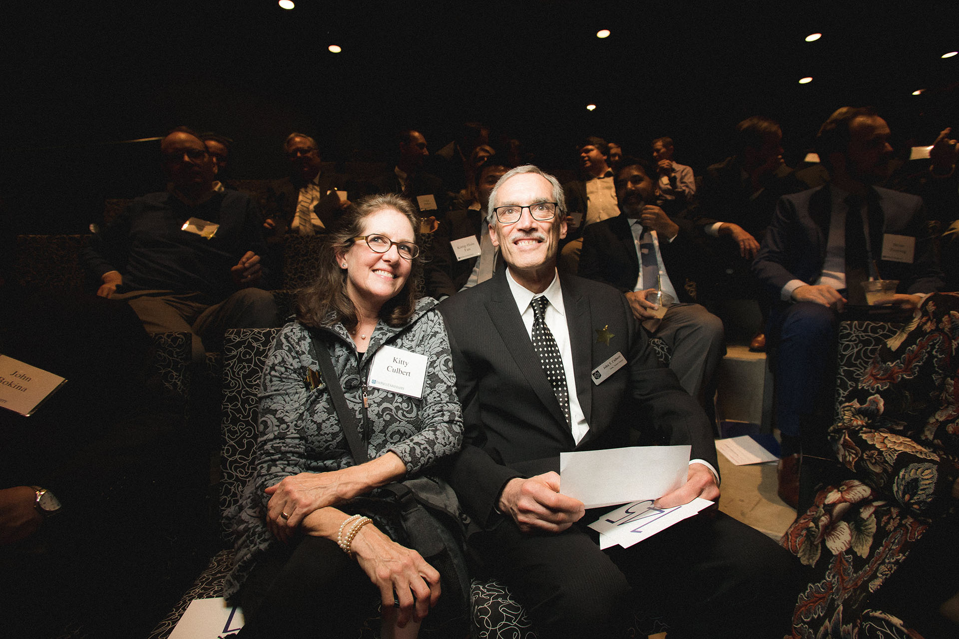 Dean John Culbert and his wife, Kitty Culbert, inside the Dr. John R. and Joyce L. Watts Theatre.
