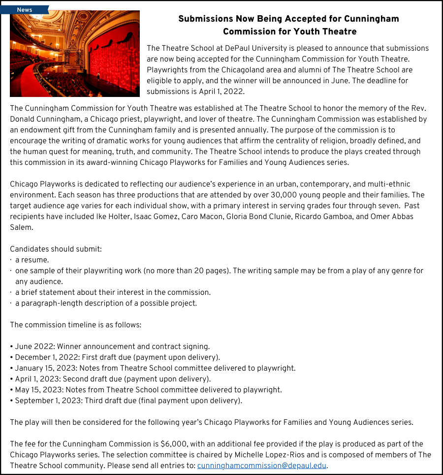 Submissions Now Being Accepted for Cunningham Commission for Youth Theatre